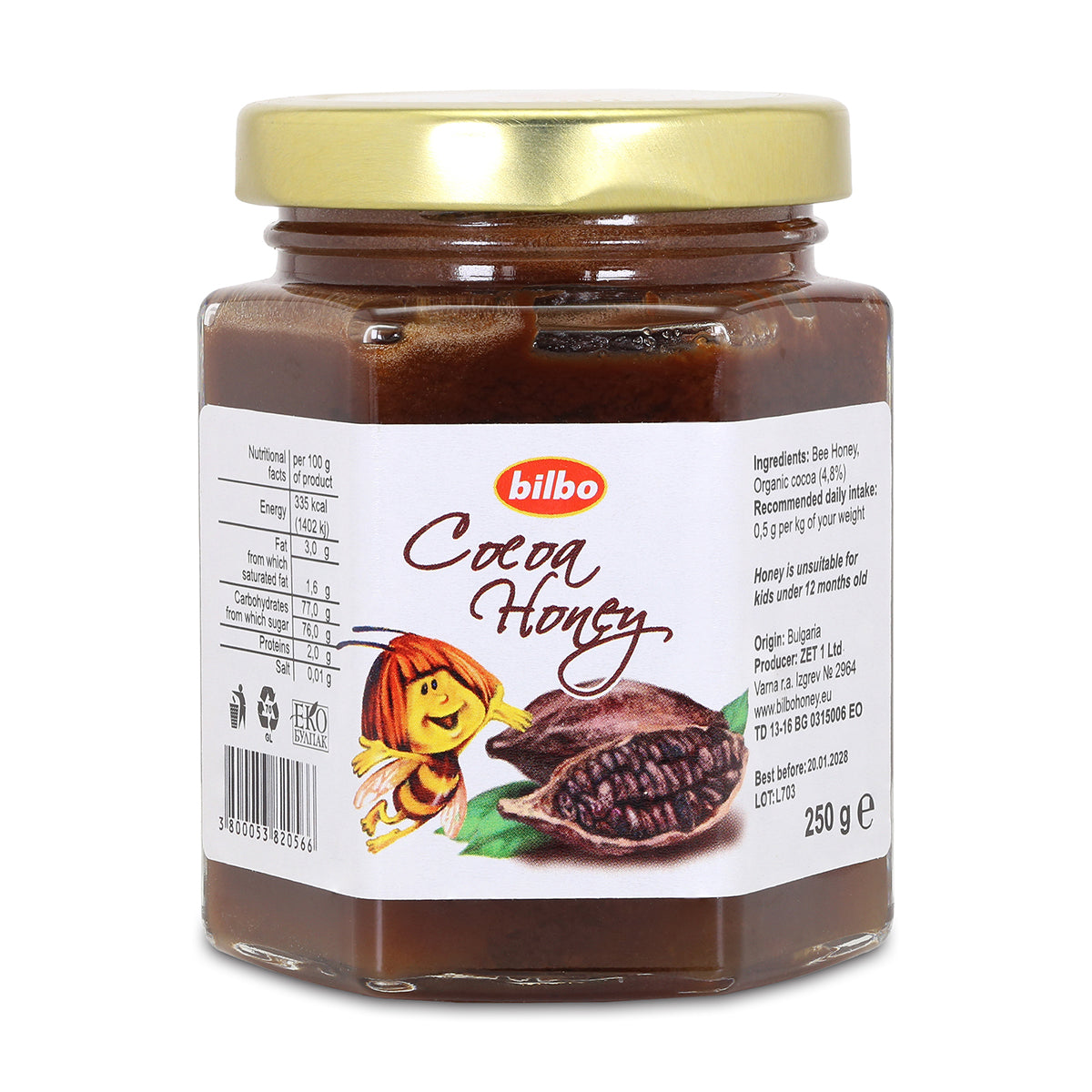 Bilbo rauwe cacaohoning • 250 g